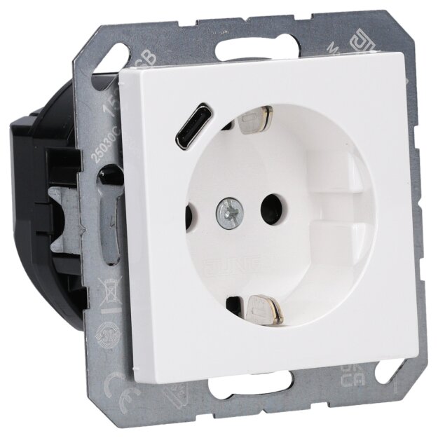 Jung A1520-18CWW SCHUKO-Steckdose mit USB Typ C (max. 3A) Quick Charge mit erhöhtem Berührungsschutz (Thermoplast bruchsicher) Alpinweiß Serie A