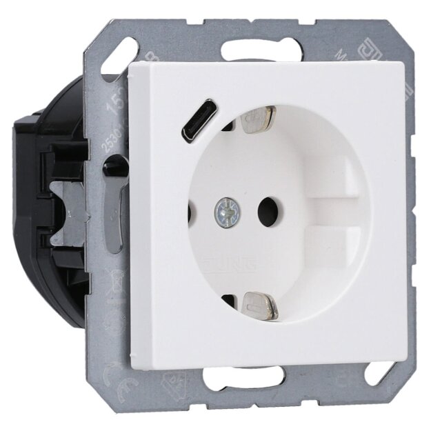Jung A1520-18CWWM SCHUKO-Steckdose mit USB Typ C (max. 3A) Quick Charge mit erhöhtem Berührungsschutz (Thermoplast bruchsicher) Schneeweiß Matt Serie A