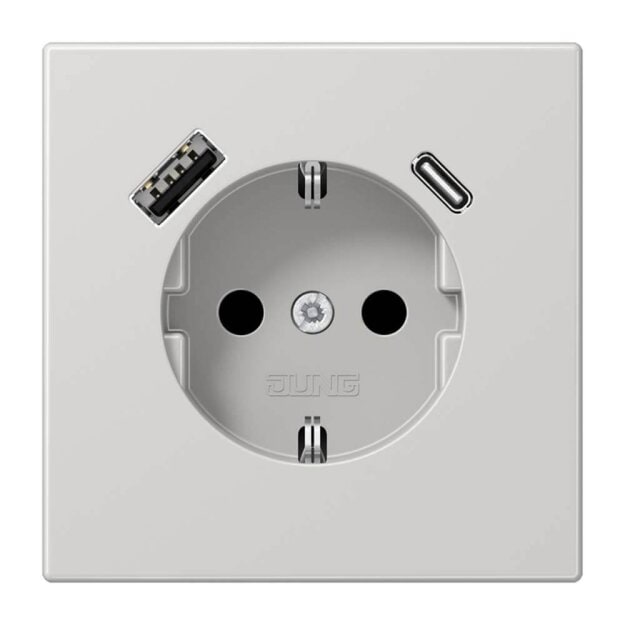 Jung LS1520-15CALG SCHUKO-Steckdose mit USB Typ AC (max. 3A) mit erhöhtem Berührungsschutz (Thermoplast bruchsicher) Lichtgrau Serie LS