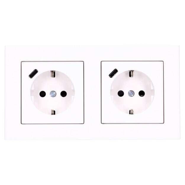 Jung SCHUKO USB-Steckdose Typ C Komplett-Set Serie A: 2x Steckdose A152018CWW und 2-fach Rahmen A5582BFWW Alpinweiß
