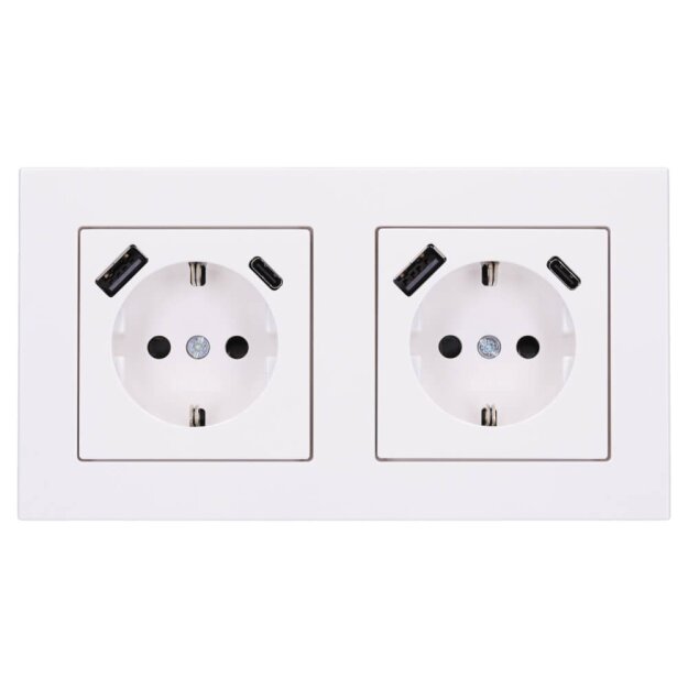 Jung SCHUKO USB-Steckdose Typ AC Komplett-Set Serie A: 2x Steckdose A152015CAWW und 2-fach Rahmen A5582BFWW Alpinweiß