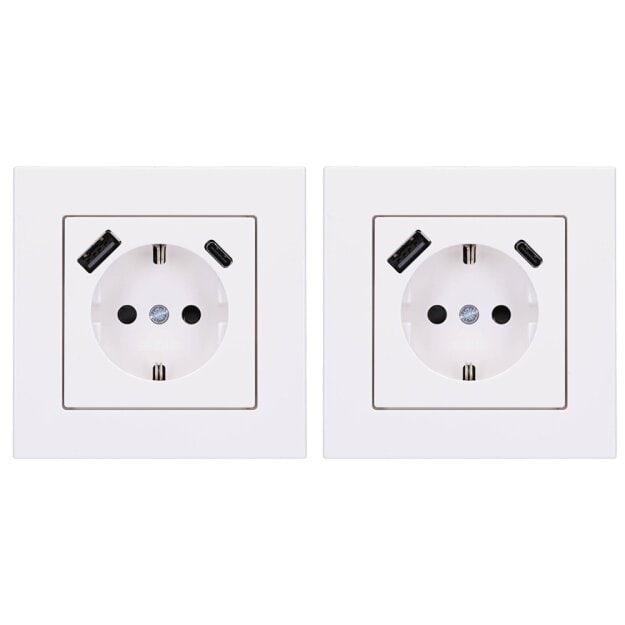 Jung SCHUKO USB-Steckdose Typ AC Komplett-Set Serie A: 2x Steckdose A152015CAWW und 2x 1-fach Rahmen A5581BFWW Alpinweiß