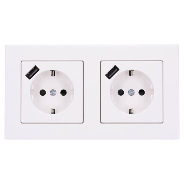 Jung SCHUKO USB-Steckdose Typ A Komplett-Set Serie A: 2x Steckdose A152018AWW und 2-fach Rahmen A5582BFWW Alpinweiß