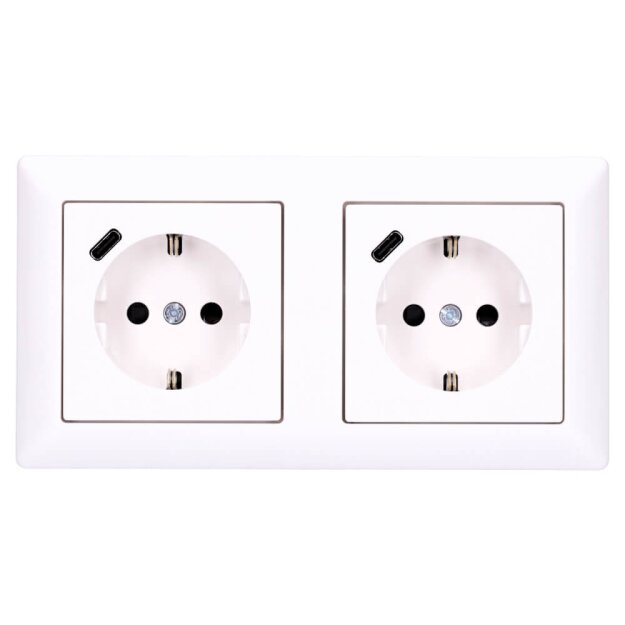 Jung SCHUKO USB-Steckdose Typ C Komplett-Set Serie AS: 2x Steckdose A152018CWW und 2-fach Rahmen AS582WW Alpinweiß