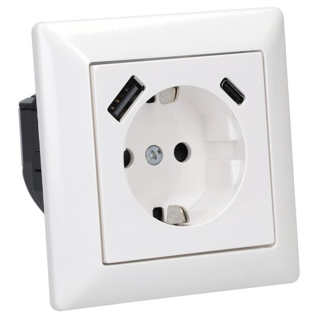 Jung SCHUKO USB-Steckdose Typ AC Komplett-Set Serie AS: Steckdose A152015CAWW und 1-fach Rahmen AS581WW Alpinweiß