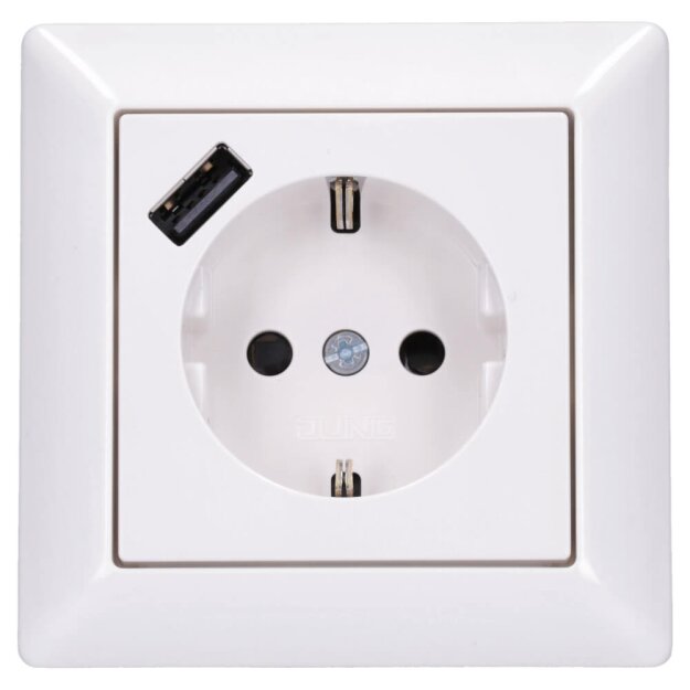 Jung SCHUKO USB-Steckdose Typ A Komplett-Set Serie AS: Steckdose A152018AWW und 1-fach Rahmen AS581WW Alpinweiß