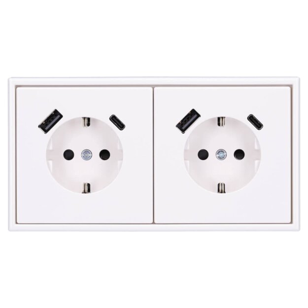 Jung SCHUKO USB-Steckdose Typ AC Komplett-Set Serie LS: 2x Steckdose LS152015CAWW und 2-fach Rahmen LS982WW Alpinweiß
