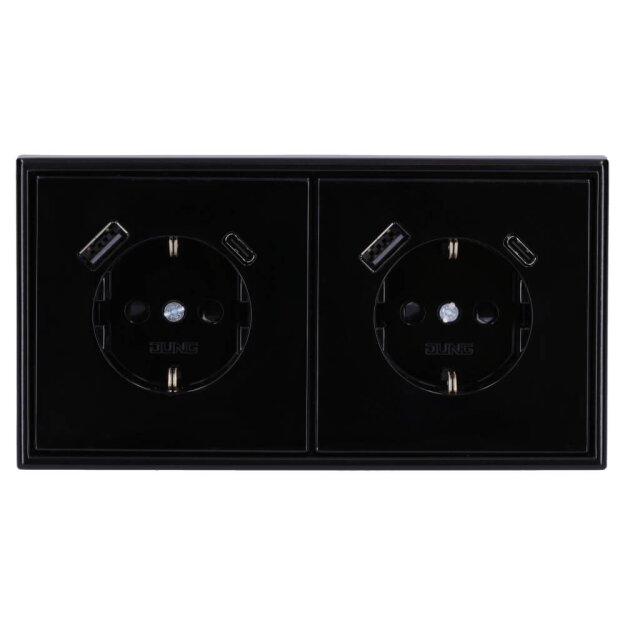 Jung SCHUKO USB-Steckdose Typ AC Komplett-Set Serie LS: 2x Steckdose LS152015CASW und 2-fach Rahmen LS982SW Schwarz