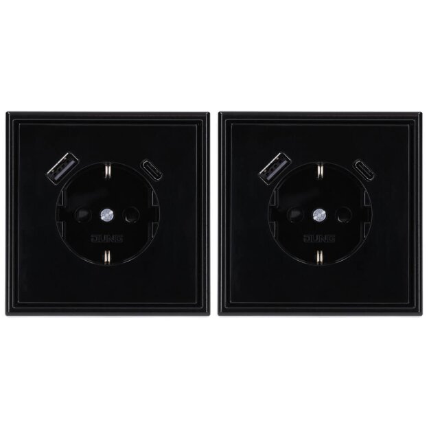 Jung SCHUKO USB-Steckdose Typ AC Komplett-Set Serie LS: 2x Steckdose LS152015CASW und 2x 1-fach Rahmen LS981SW Schwarz