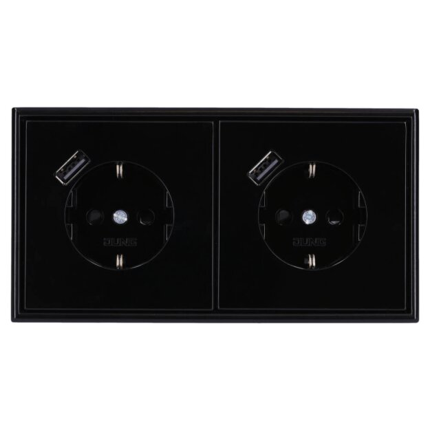 Jung SCHUKO USB-Steckdose Typ A Komplett-Set Serie LS: 2x Steckdose LS152018ASW und 2-fach Rahmen LS982SW Schwarz