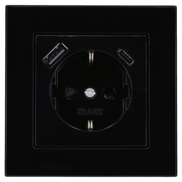 Jung SCHUKO USB-Steckdose Typ AC Komplett-Set Serie A: Steckdose A152015CASW und 1-fach Rahmen A5581BFSW Schwarz