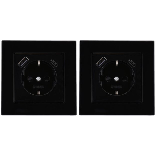Jung SCHUKO USB-Steckdose Typ AC Komplett-Set Serie A: 2x Steckdose A152015CASW und 2x 1-fach Rahmen A5581BFSW Schwarz