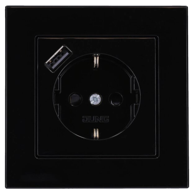 Jung SCHUKO USB-Steckdose Typ A Komplett-Set Serie A: Steckdose A152018ASW und 1-fach Rahmen A5581BFSW Schwarz