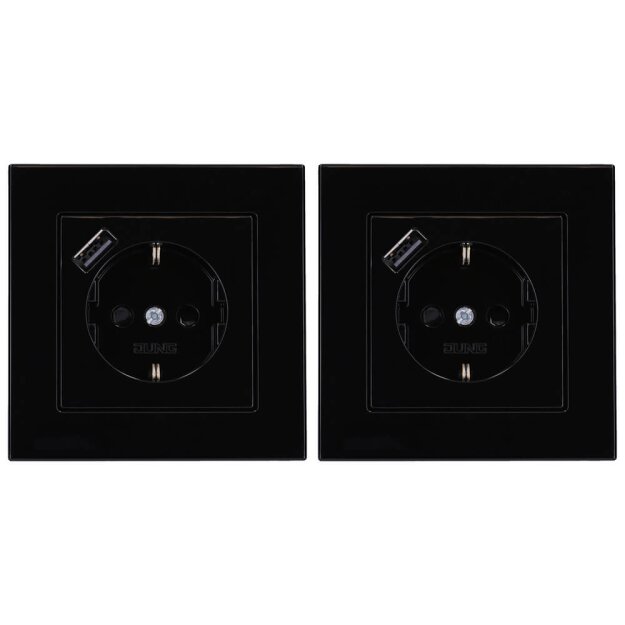 Jung SCHUKO USB-Steckdose Typ A Komplett-Set Serie A: 2x Steckdose A152018ASW und 2x 1-fach Rahmen A5581BFSW Schwarz