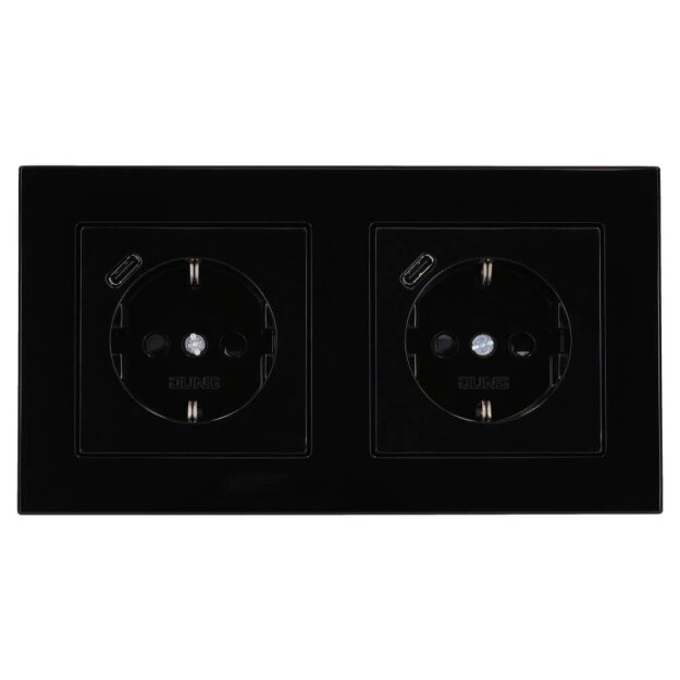 Jung SCHUKO USB-Steckdose Typ C Komplett-Set Serie A: 2x Steckdose A152018CSW und 2-fach Rahmen A5582BFSW Schwarz