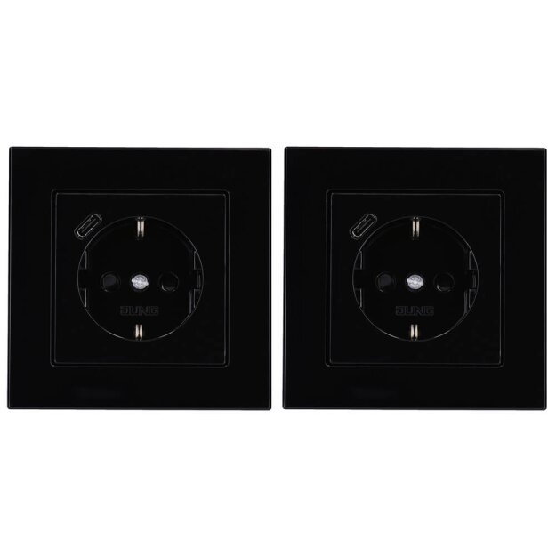 Jung SCHUKO USB-Steckdose Typ C Komplett-Set Serie A: 2x Steckdose A152018CSW und 2x 1-fach Rahmen A5581BFSW Schwarz