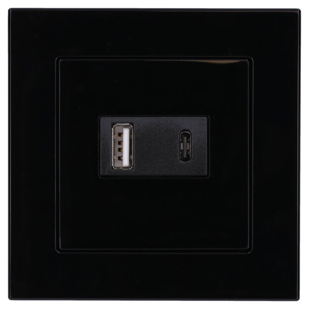 Jung USB-Ladegerät Komplett-Set Schwarz Serie A USB15CASW mit Abdeckung A1569USBSW und 1-fach Rahmen A5581BFSW