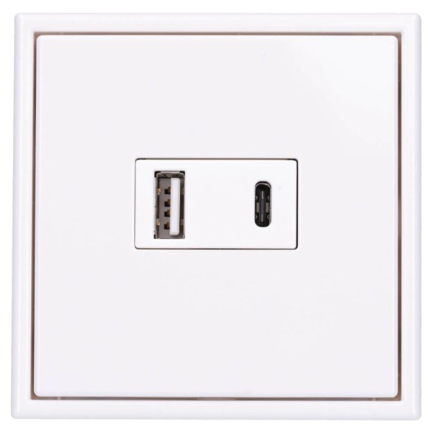 Jung USB-Ladegerät Komplett-Set Weiß Serie LS USB15CAWW mit Abdeckung LS1969USBWW und 1-fach Rahmen LS981WW
