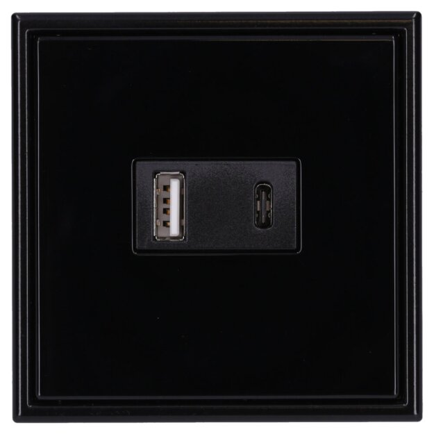 Jung USB-Ladegerät Komplett-Set Schwarz Serie LS USB15CASW mit Abdeckung LS1969USBSW und 1-fach Rahmen LS981SW