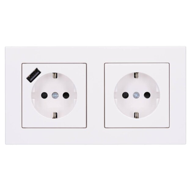 Jung SCHUKO USB-Steckdose Typ A Komplett-Set Serie A: 1x USB-Steckdose A152018AWW und 1x Steckdose A1520KIWW und 2-fach Rahmen A5582BFWW Alpinweiß