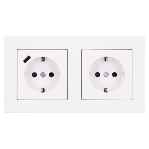 Jung SCHUKO USB-Steckdose Typ C Komplett-Set Serie A: 1x USB-Steckdose A152018CWW und 1x Steckdose A1520KIWW und 2-fach Rahmen A5582BFWW Alpinweiß
