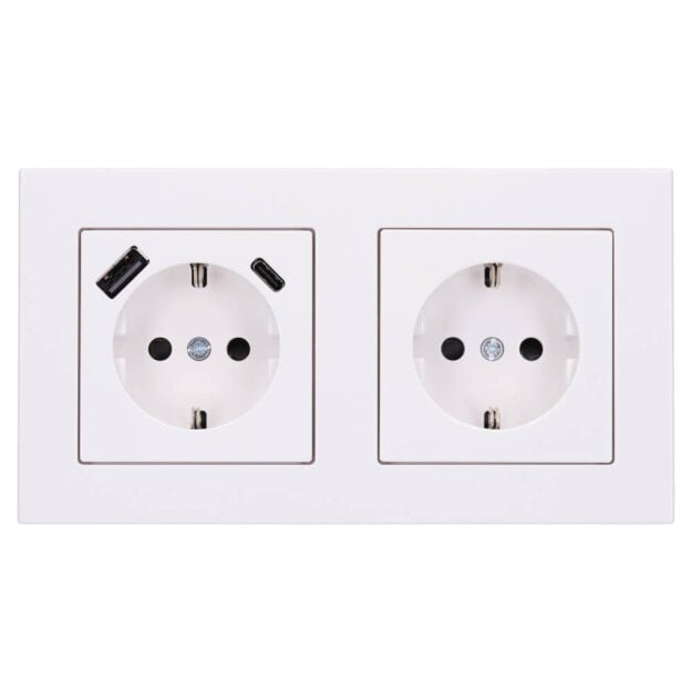 Jung SCHUKO USB-Steckdose Typ AC Komplett-Set Serie A: 1x USB-Steckdose A152015CAWW und 1x Steckdose A1520KIWW und 2-fach Rahmen A5582BFWW Alpinweiß