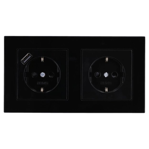 Jung SCHUKO USB-Steckdose Typ A Komplett-Set Serie A: 1x USB-Steckdose A152018ASW und 1x Steckdose A1520KISW und 2-fach Rahmen A5582BFSW Schwarz