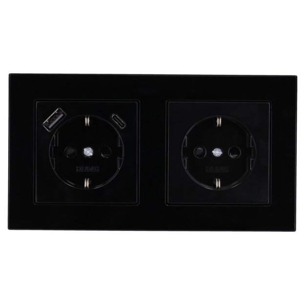 Jung SCHUKO USB-Steckdose Typ AC Komplett-Set Serie A: 1x USB-Steckdose A152015CASW und 1x Steckdose A1520KISW und 2-fach Rahmen A5582BFSW Schwarz