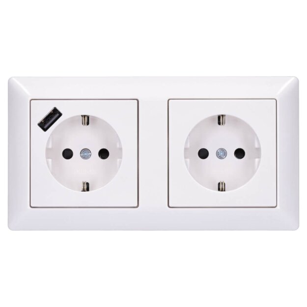 Jung SCHUKO USB-Steckdose Typ A Komplett-Set Serie AS: 1x USB-Steckdose A152018AWW und 1x Steckdose A1520KIWW und 2-fach Rahmen AS582WW Alpinweiß