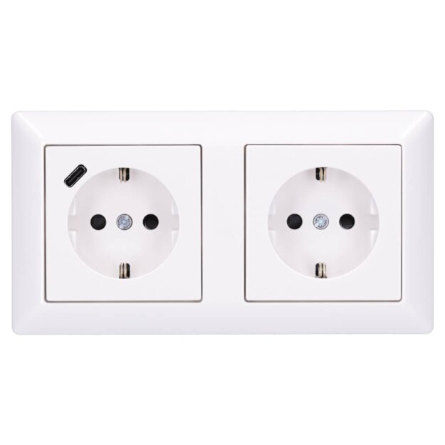 Jung SCHUKO USB-Steckdose Typ C Komplett-Set Serie AS: 1x USB-Steckdose A152018CWW und 1x Steckdose A1520KIWW und 2-fach Rahmen AS582WW Alpinweiß