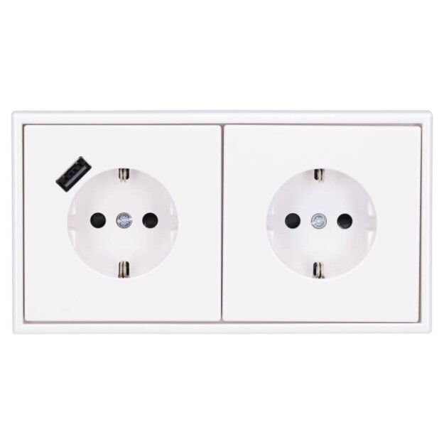 Jung SCHUKO USB-Steckdose Typ A Komplett-Set Serie LS: 1x USB-Steckdose LS152018AWW und 1x Steckdose LS1520KIWW und 2-fach Rahmen LS982WW Alpinweiß