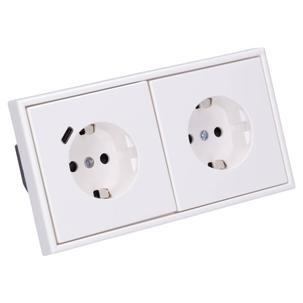 Jung SCHUKO USB-Steckdose Typ C Komplett-Set Serie LS: 1x USB-Steckdose LS152018CWW und 1x Steckdose LS1520KIWW und 2-fach Rahmen LS982WW Alpinweiß