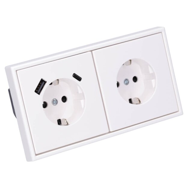 Jung SCHUKO USB-Steckdose Typ AC Komplett-Set Serie LS: 1x USB-Steckdose LS152015CAWW und 1x Steckdose LS1520KIWW und 2-fach Rahmen LS982WW Alpinweiß