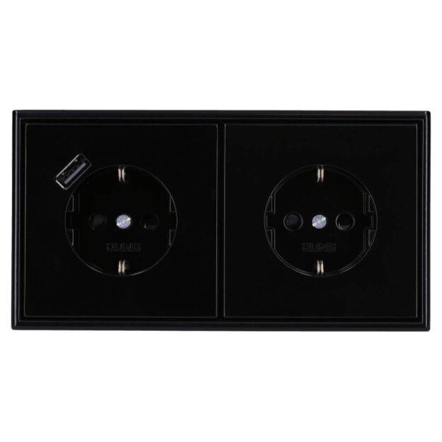 Jung SCHUKO USB-Steckdose Typ A Komplett-Set Serie LS: 1x USB-Steckdose LS152018ASW und 1x Steckdose LS1520KISW und 2-fach Rahmen LS982SW Schwarz