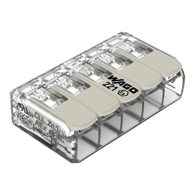 Wago 221-485 COMPACT-Verbindungsklemme max. 4 mm² 5 Leiter mit Hebeln transparent