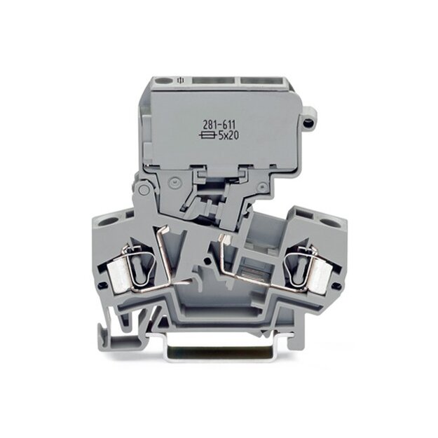 Wago 281-611 2-Leiter-Sicherungsklemme mit schwenkbarem Sicherungshalter für G-Sicherungseinsatz 5 x 20 mm 4 mm² grau