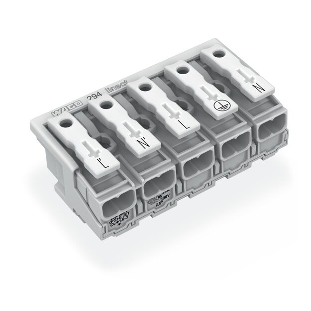 Wago 294-8025 Leuchtenanschlussklemme ohne PE-Kontakt L´-N´-L-PE-N 5-polig Kodierung L max. 2,5 mm² weiß