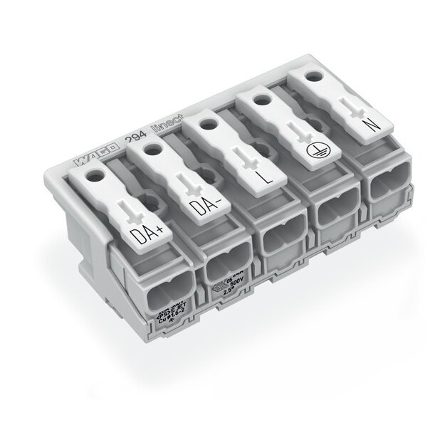 Wago 294-8035 Leuchtenanschlussklemme ohne PE-Kontakt DA+ DA- L PE N 5-polig Kodierung I max. 2,5 mm² weiß