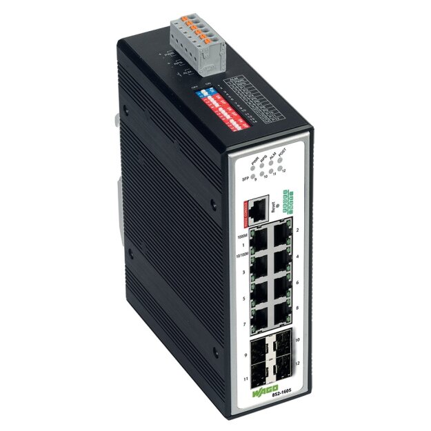 Wago 852-1605 Industrial-Managed-Switch 8-Port 1000BASE-T 4-Slot 1000BASE-SX/LX PROFINET Erweiterter Temperaturbereich metallisch schwarz