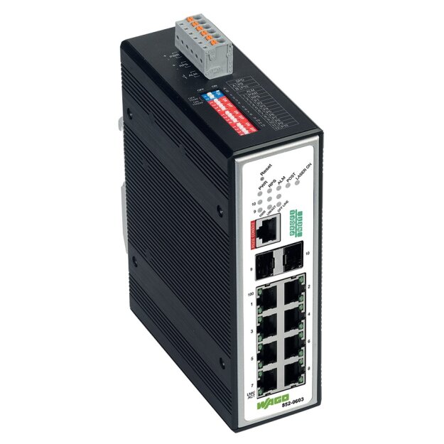 Wago 852-603 Industrial-Managed-Switch 8 Ports 100Base-TX 2-Slot 1000BASE-SX/LX PROFINET Erweiterter Temperaturbereich metallisch schwarz