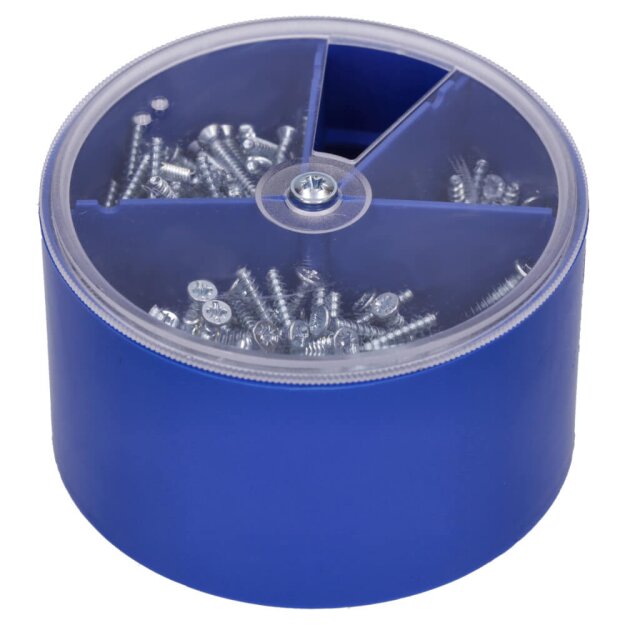 Voxura Schraubenbox blau gefüllt mit Geräteschrauben PZ1 / Schlitz (+/-) je 100 Stück 15,25 und 40 mm
