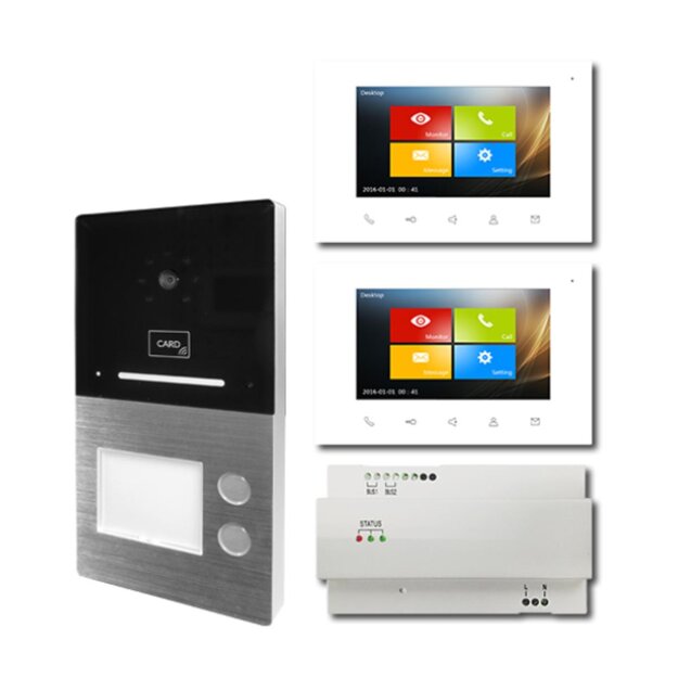Voxura Domo-Set2RL 2-Familien Set mit Aufputz Video-Außenstation und Touchscreen Farbmonitor mit integrierter RFID-Funktion und Bluetooth