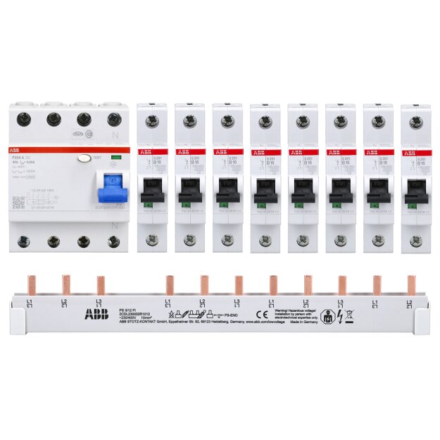 ABB Set 1x FI F204A-40/0,03 + 8x ABB LS-Schalter S201-B16 + 1x PS3/12+FI Phasenschiene