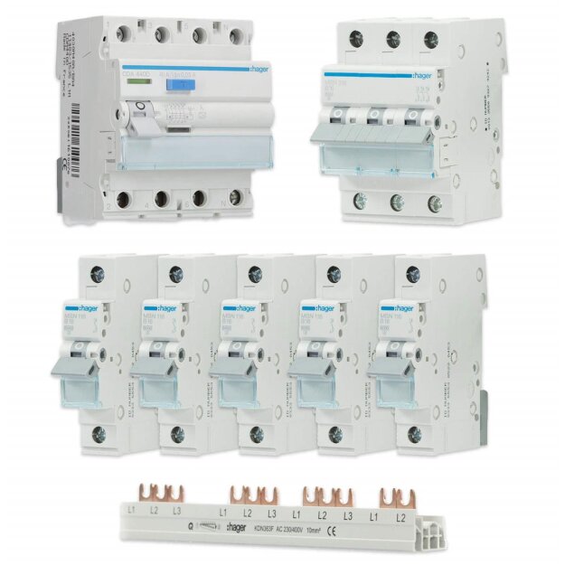 Hager Set 1x FI CDA440D 40a 0,03 + 1x LS-Schalter 3-polig MBN316 + 5x LS-Schalter 1-polig MBN116 + 1x Phasenschiene 3-polig KDN363F