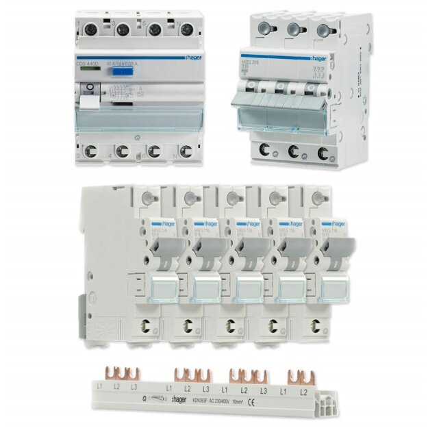 Hager Set 1x FI CDS440D 40a 0,03 + 1x LS-Schalter 3-polig MBS316 + 5x  LS-Schalter 1-polig MBS116 + 1x Phasenschiene 3-polig KDN363F