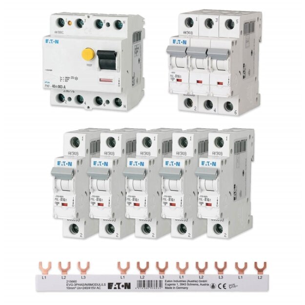 Eaton Set 1x FI PXF-40A 0,03 236776 + 1x LS-Schalter 3-polig PXL-B16/3 236388 + 5x LS-Schalter 1-polig PXL-B16 236033 + 1x FI Sammelschiene EVG-3PHAS/N/8MODULLS 215660