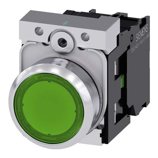 Siemens 3SU1152-0AB40-1BA0 Drucktaster beleuchtet 22mm rund Metall hochglanz grün Druckknopf 1S