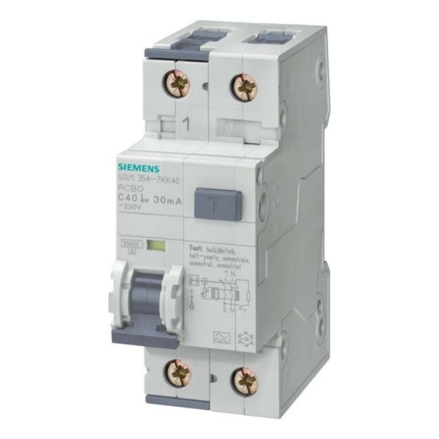 Siemens 5SU1354-6KK10 FI/LS-Schalter 10 kA 1P+N Typ A 30 mA B-Char In: 10 A Un AC: 230 V