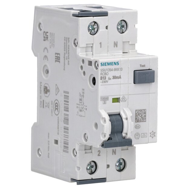 Siemens 5SU1354-6KK13 FI/LS-Schalter 10 kA 1P+N Typ A 30 mA B-Char In: 13 A Un AC: 230 V