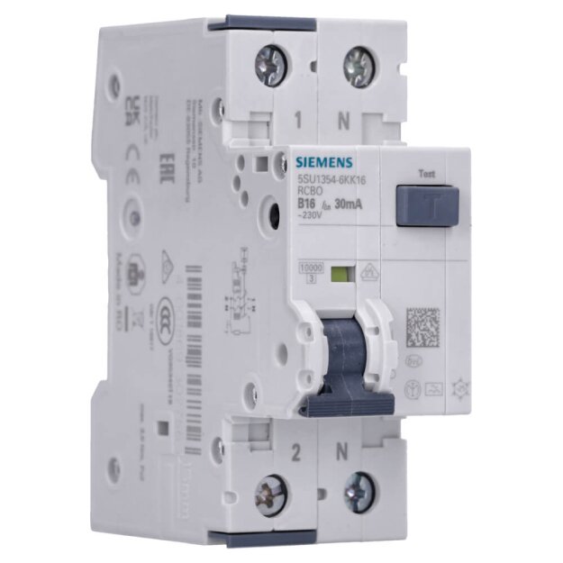 Siemens 5SU1354-6KK16 FI/LS-Schalter 10 kA 1P+N Typ A 30 mA B-Char In: 16 A Un AC: 230 V